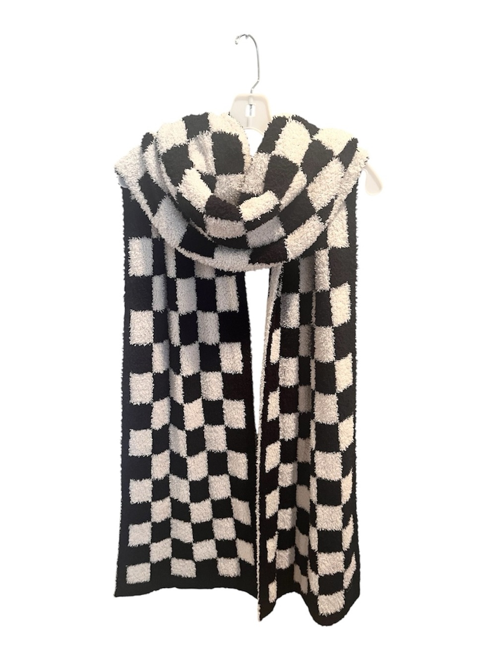 Marlo Black Cream Checkerboard Plush Knit Scarf 86”
